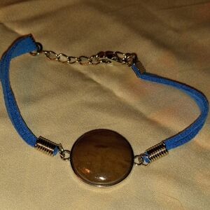 Blue Cord Bracelet with Brown Stone Hand Made Nebraska River Rock